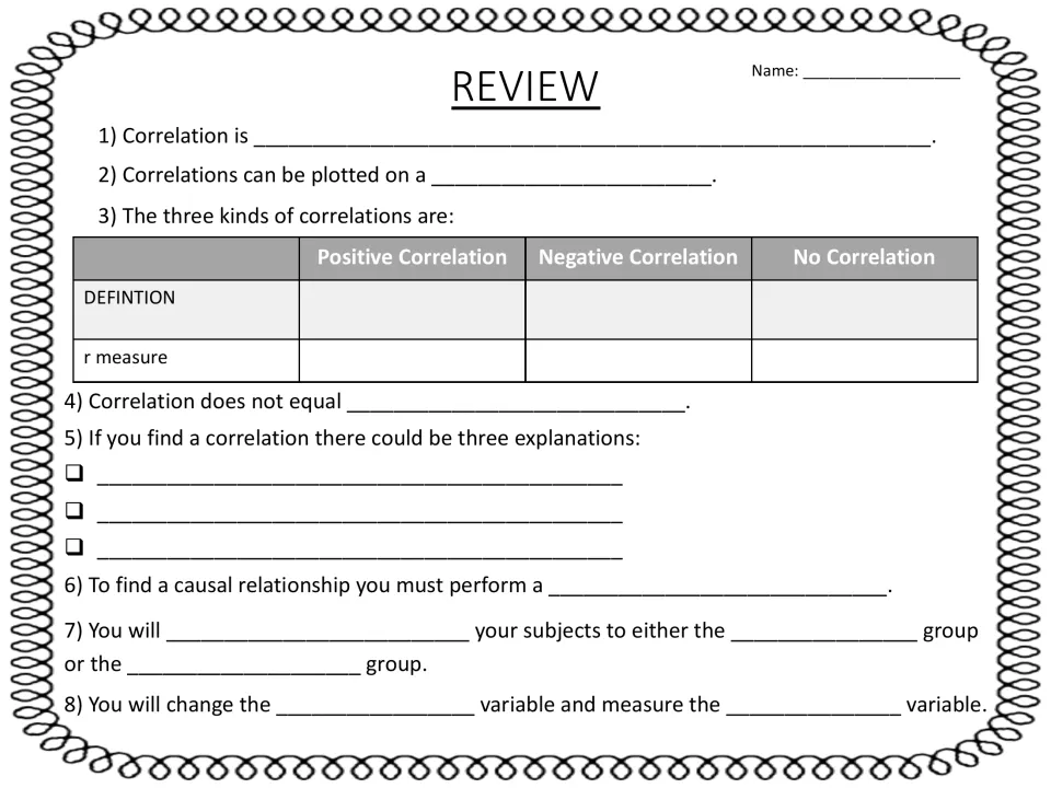 Review quiz: eight fill-in items on defining correlation, r values, three explanations, true experiments and variables