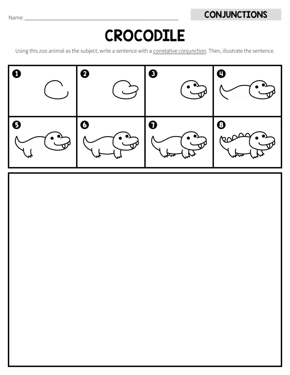 Crocodile activity: eight drawing steps and a correlative conjunction sentence task, open response version