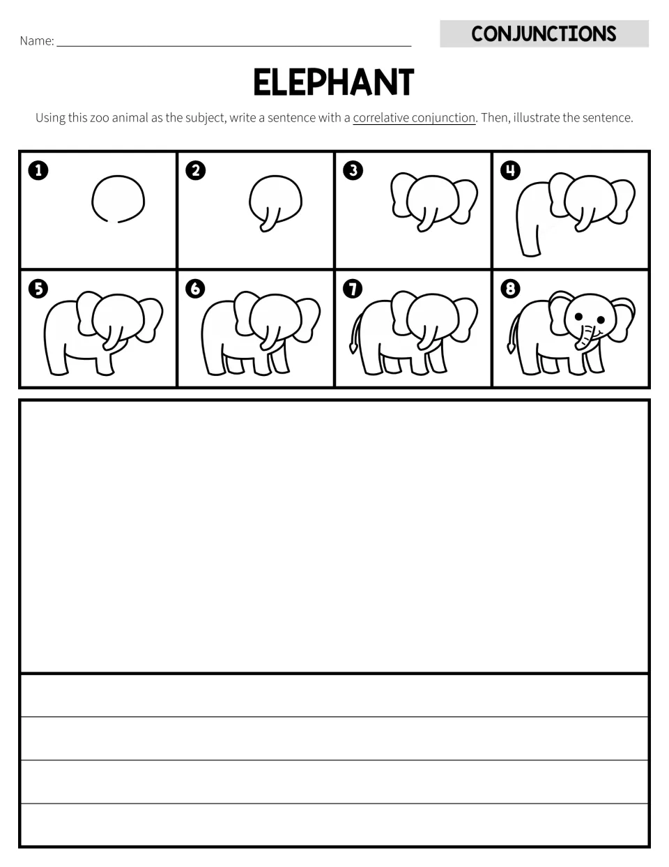 Elephant activity: eight drawing steps and a correlative conjunction sentence task, standard writing version