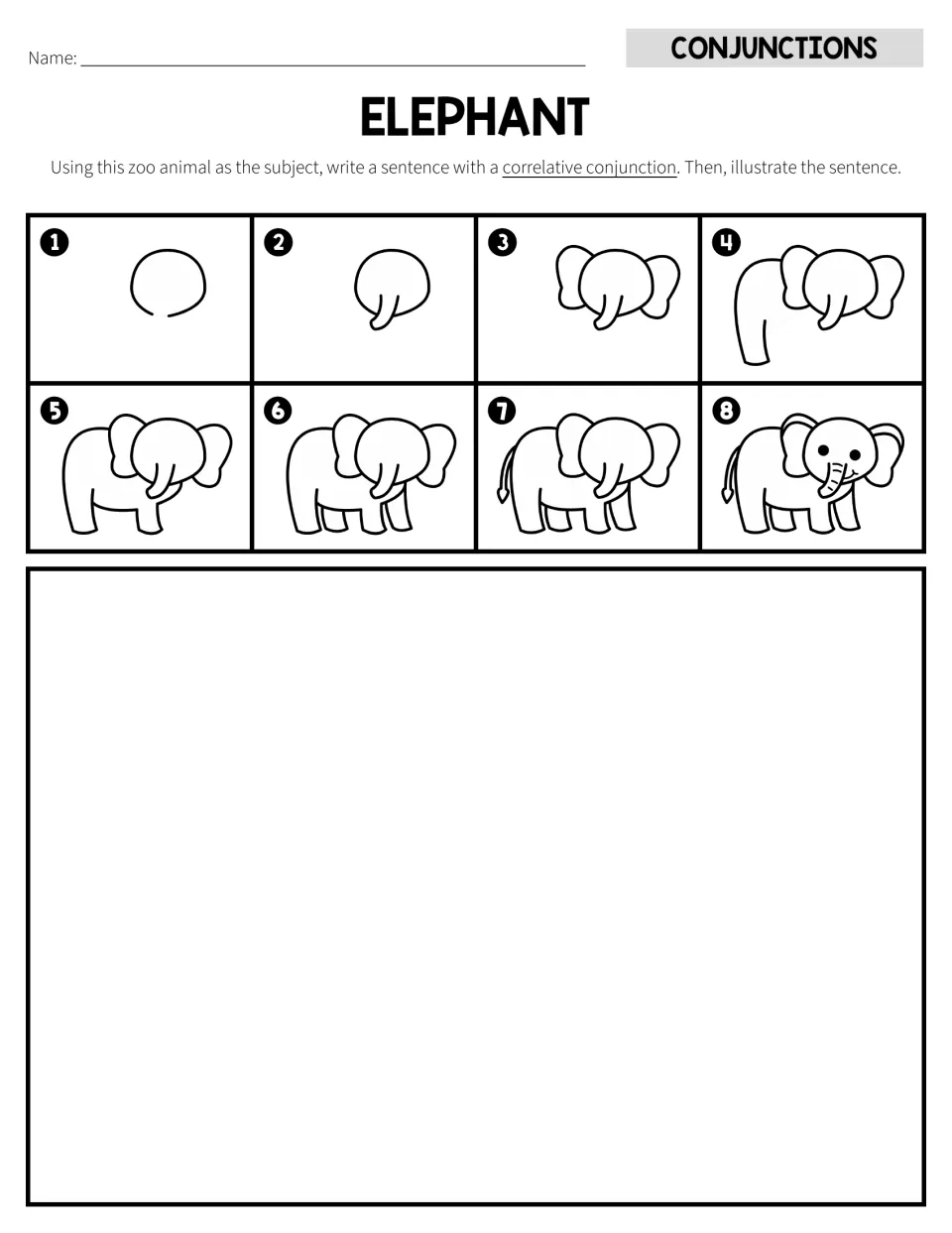 Elephant activity: eight drawing steps and a correlative conjunction sentence task, open response version