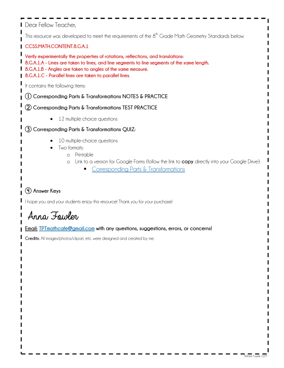 Teacher introduction lists geometry standards, notes, 12 practice questions, a 10-question quiz, and keys