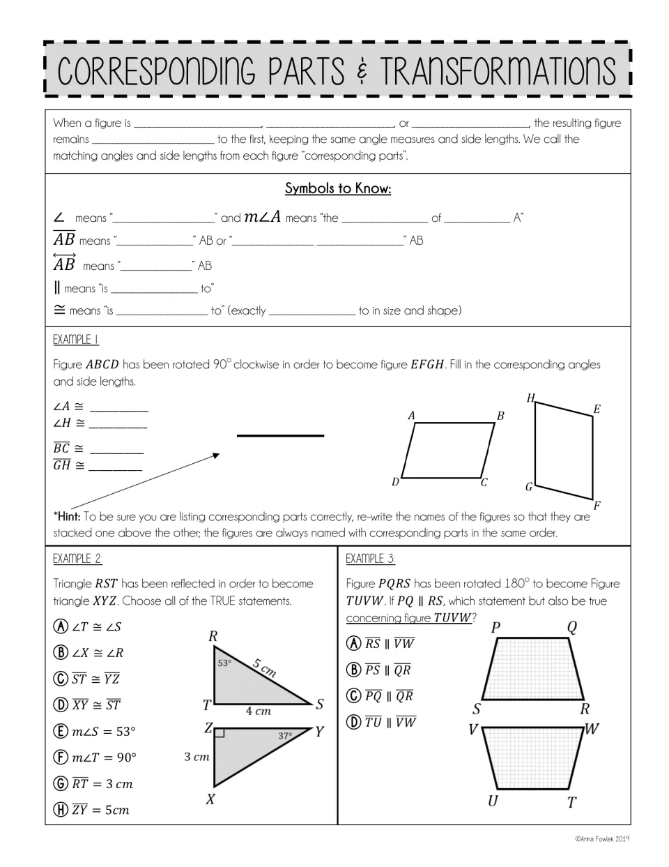 Geometry notes introduce corresponding parts and symbols, with three rotation and reflection examples