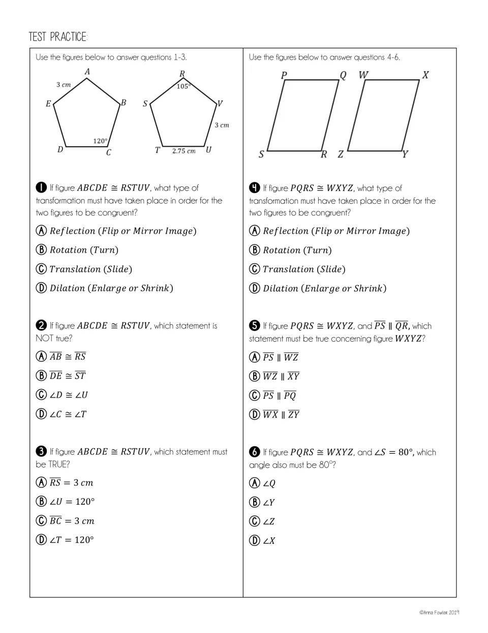 Test-practice questions 1–6 use pentagons and parallelograms to identify transformations and matching parts