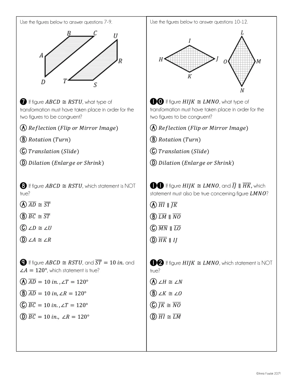 Test-practice questions 7–12 use quadrilaterals to compare transformations, sides, angles, and parallelism
