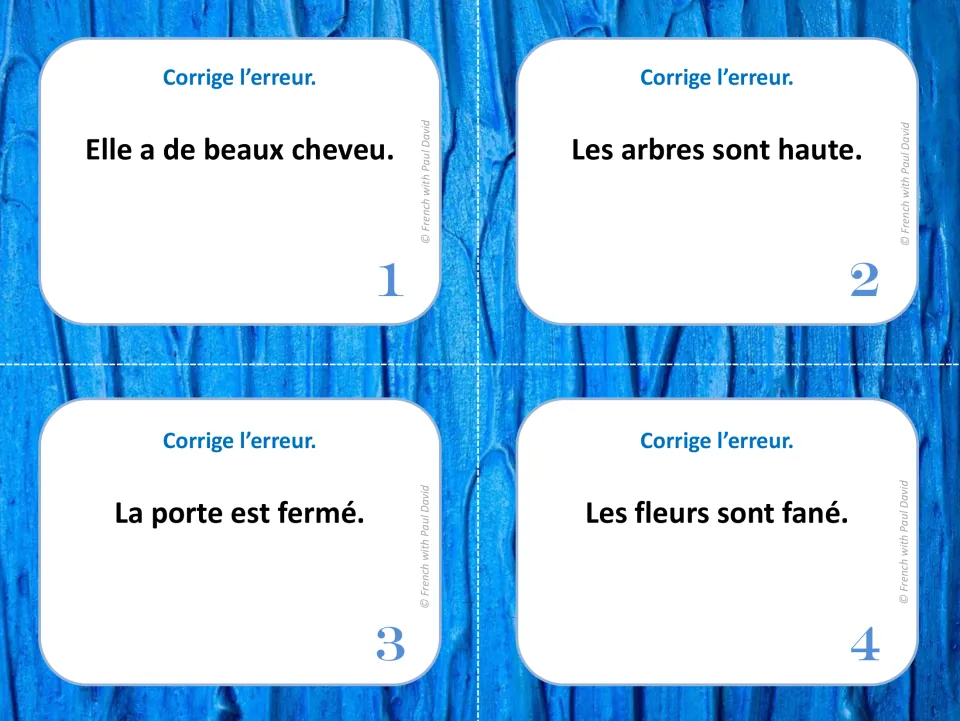 French agreement task cards 1–4 ask students to correct sentences about hair, trees, a door, and flowers.