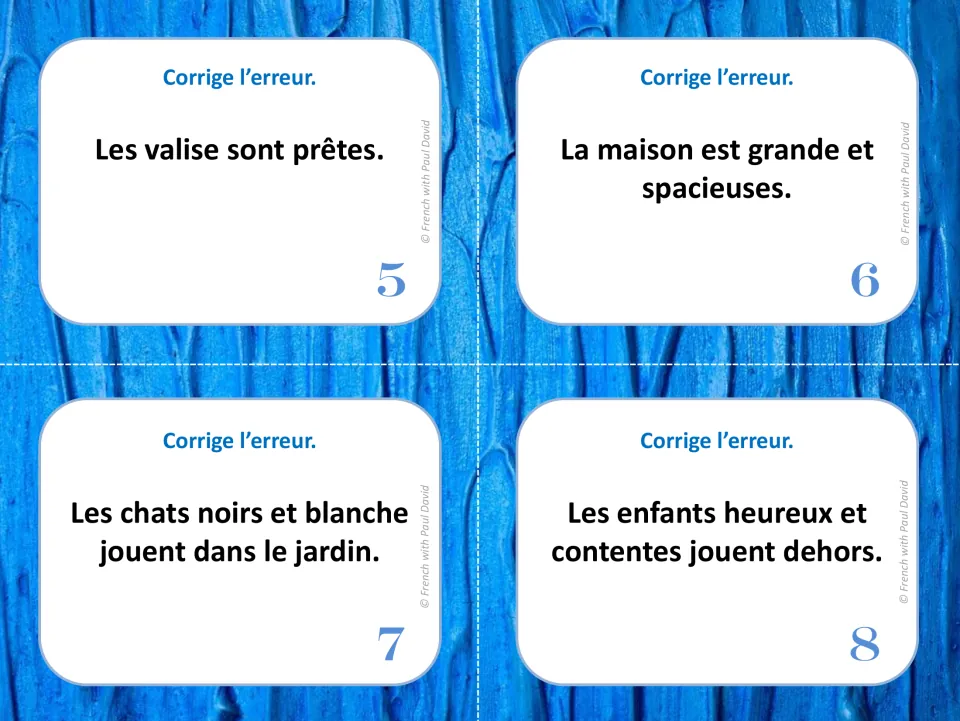 French agreement task cards 5–8 ask students to correct sentences about suitcases, a house, cats, and children.