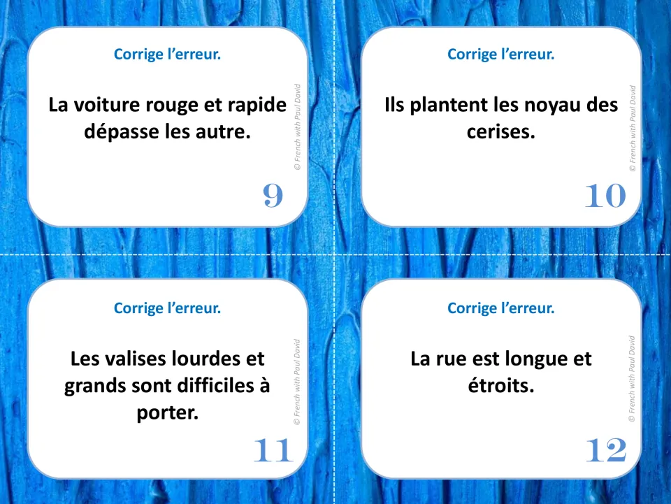 French agreement task cards 9–12 feature errors in sentences about a car, cherry pits, suitcases, and a street.
