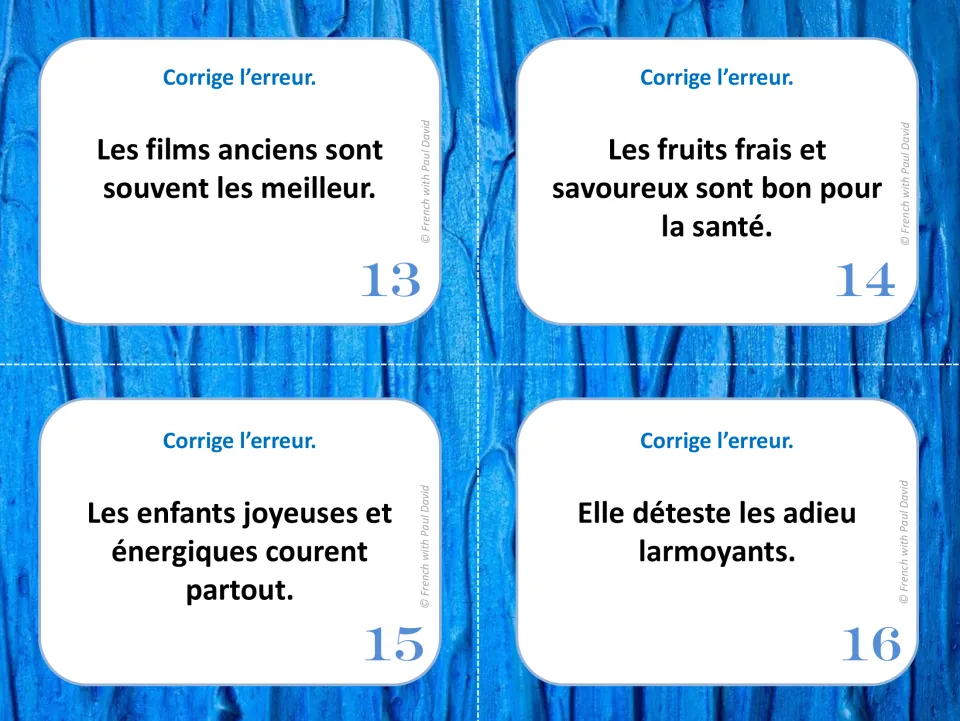 French agreement task cards 13–16 feature errors in sentences about old films, fruit, children, and farewells.