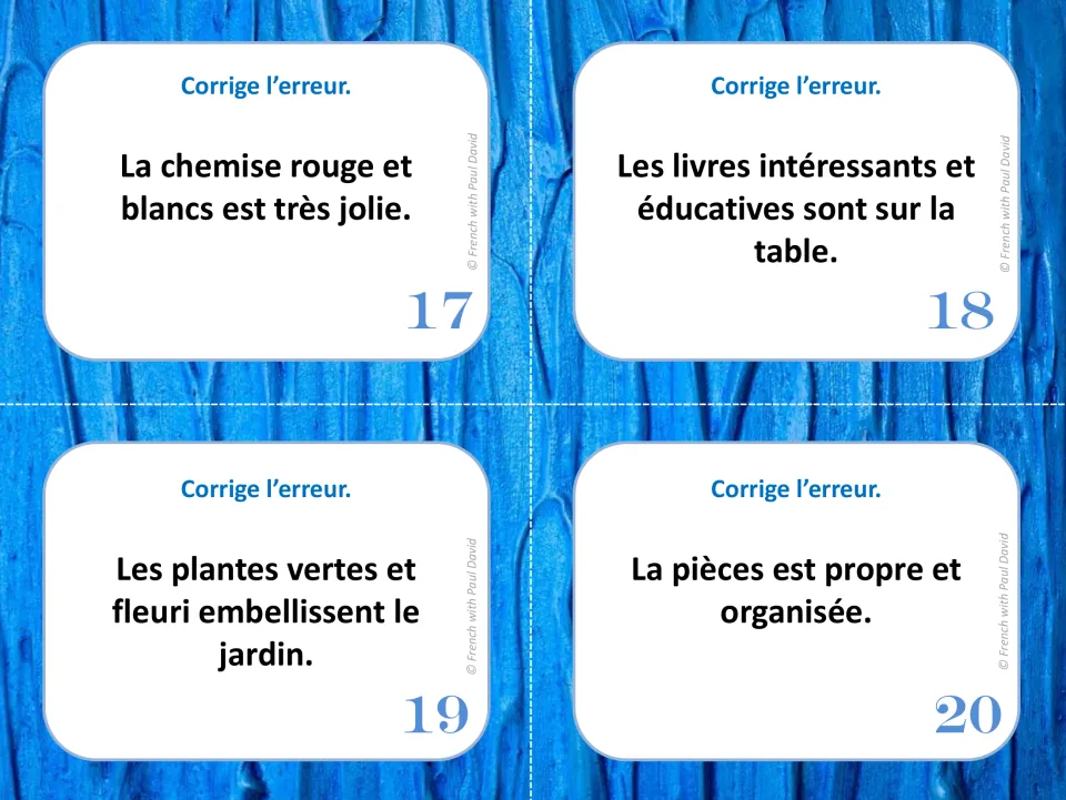 French agreement task cards 17–20 ask students to correct sentences about a shirt, books, plants, and a room.