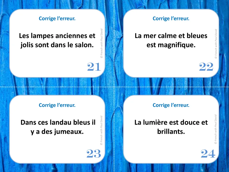 French agreement task cards 21–24 feature errors in sentences about lamps, the sea, baby carriages, and light.