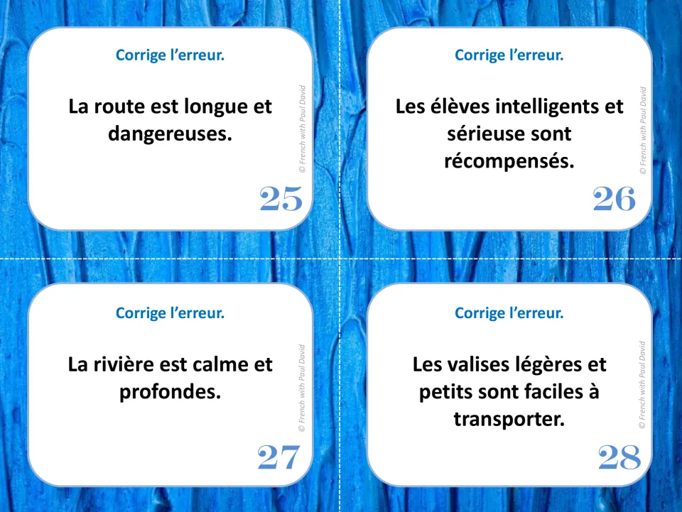 French agreement task cards 25–28 ask students to correct sentences about a road, students, a river, and suitcases.