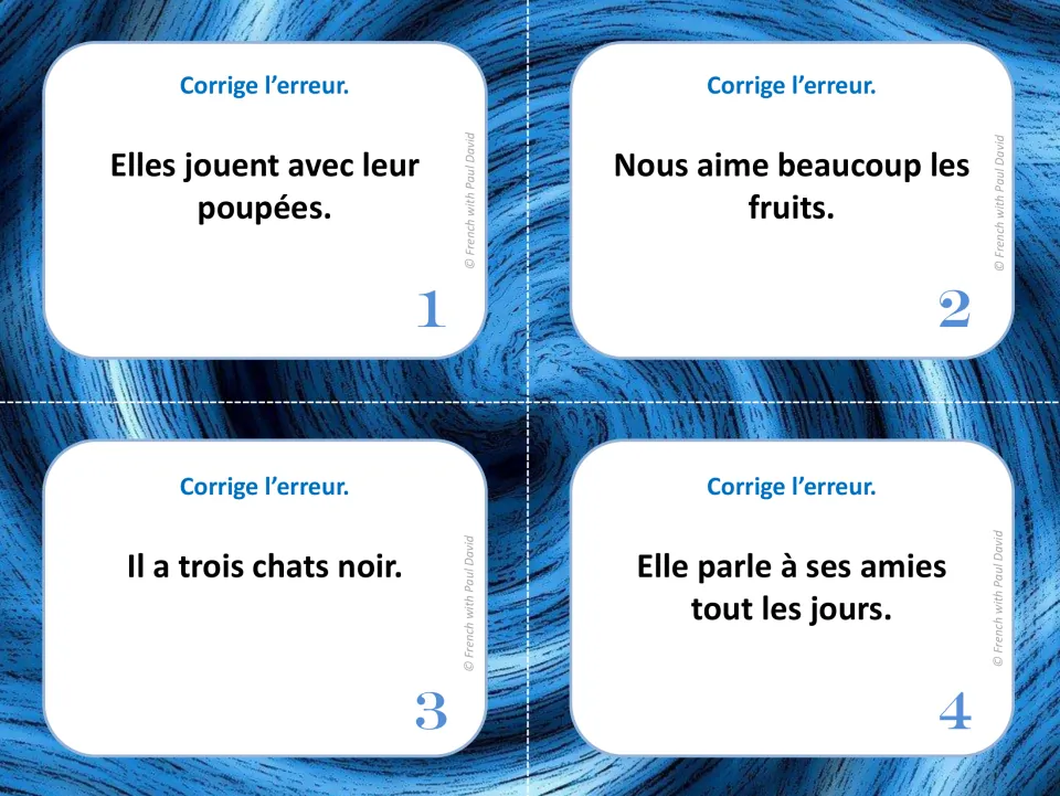 French error-correction cards 1–4: sentences about dolls, fruit, three black cats, and talking to friends