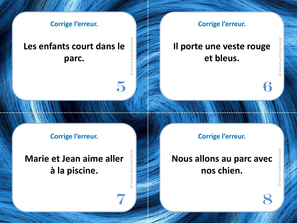 French error-correction cards 5–8: sentences about children running, a jacket, swimming, and dogs
