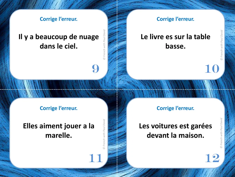 French error-correction cards 9–12: sentences about clouds, a book, hopscotch, and parked cars