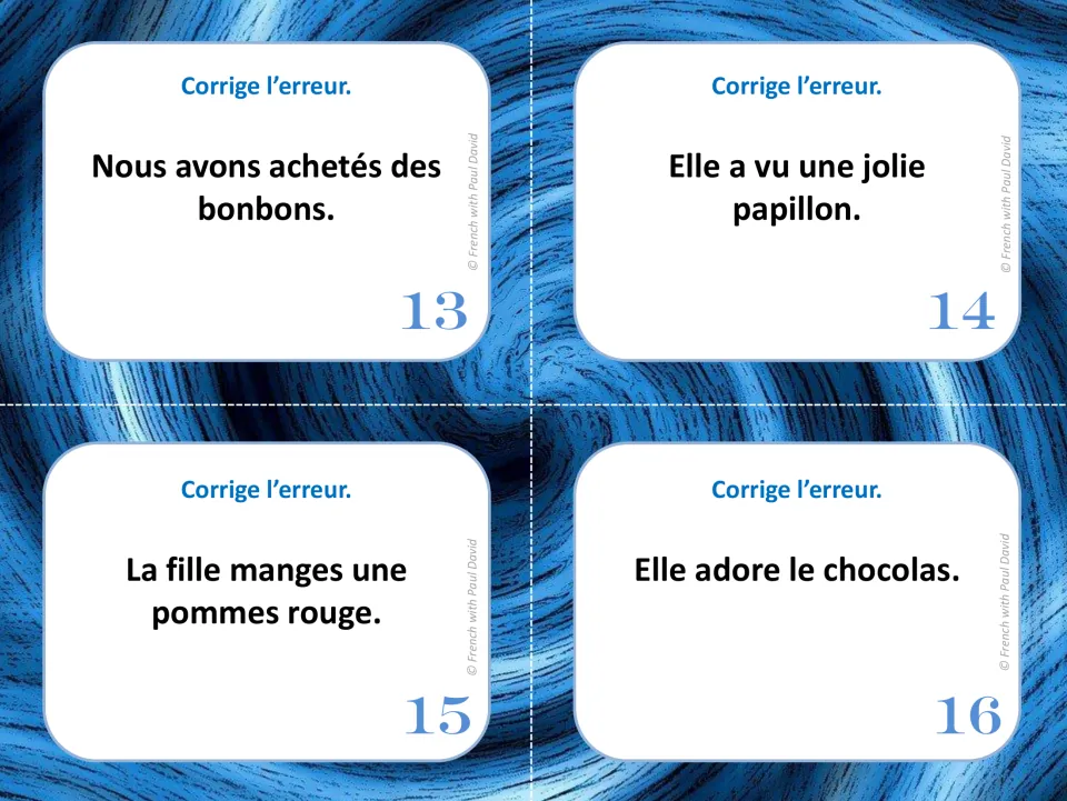 French error-correction cards 13–16: sentences about buying candy, a butterfly, an apple, and chocolate