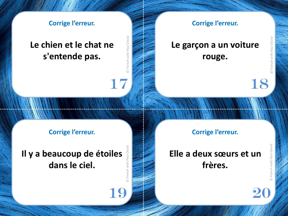 French error-correction cards 17–20: sentences about a dog and cat, a red car, stars, and siblings