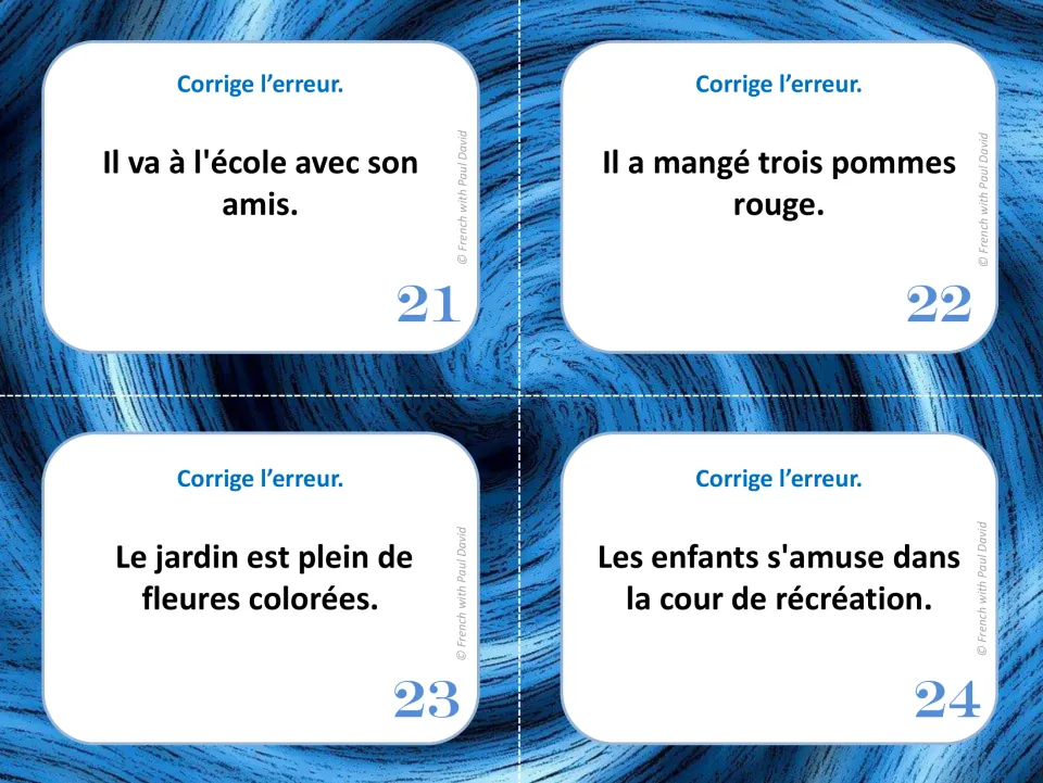 French error-correction cards 21–24: sentences about school, red apples, flowers, and children playing