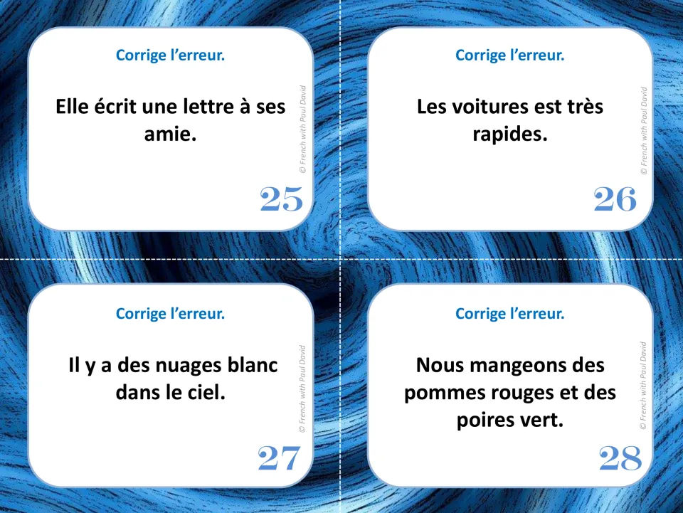 French error-correction cards 25–28: sentences about a letter, fast cars, white clouds, and green pears