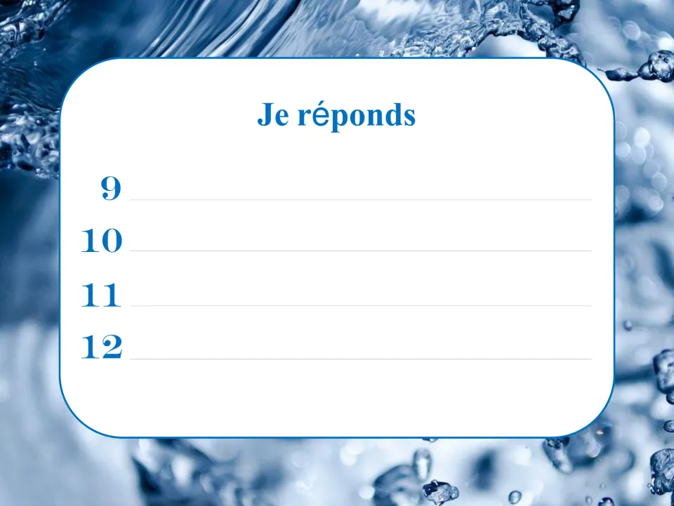 French task-card response sheet headed “Je réponds” (I answer), for students’ corrections to cards 9–12