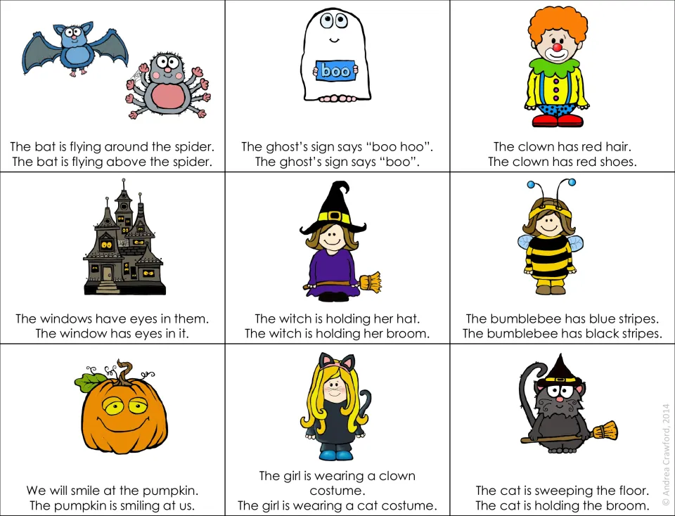 Sentence-choice cards: a bat, ghost, clown, witch and more, each with two sentences; students pick the one that matches