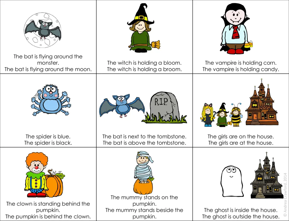More two-sentence cards: bat by the moon, vampire holding candy, ghost outside the house; students choose the true one