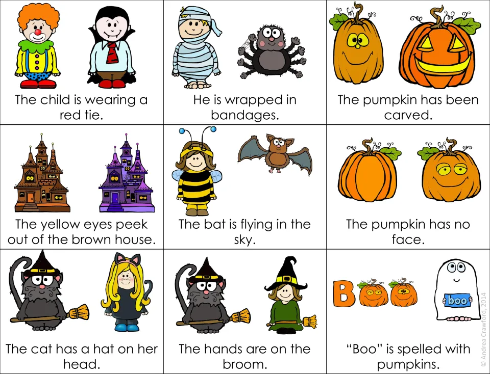 Picture-choice cards: one sentence under two pictures, such as 'The pumpkin has been carved'; students pick the match