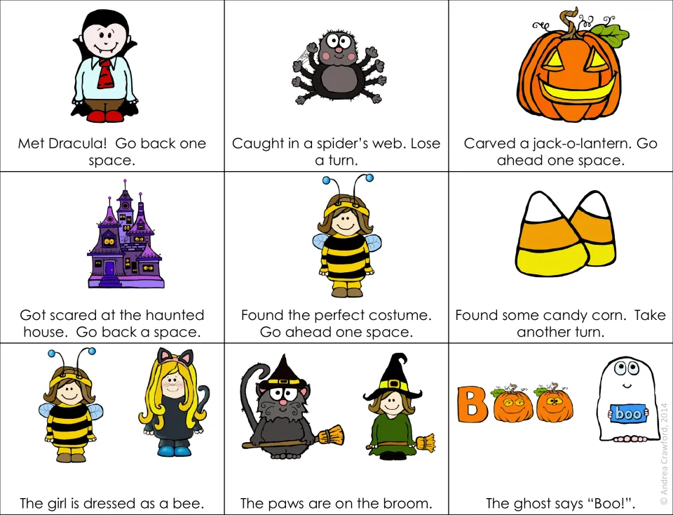 Move-ahead and go-back cards like 'Met Dracula! Go back one space', plus three cards where students choose the picture