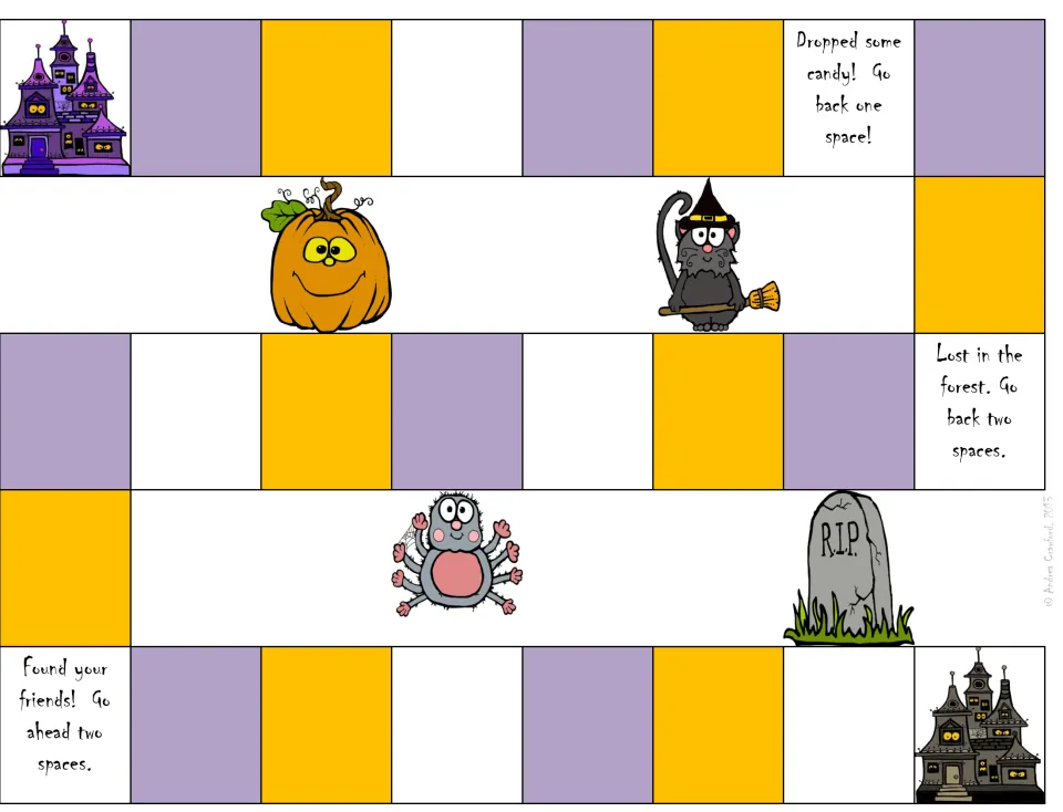 Halloween game board path between two haunted houses with spaces like 'Lost in the forest. Go back two spaces'