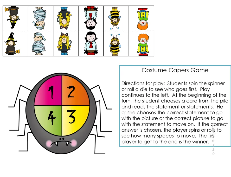 Costume game pieces, a spider spinner numbered 1 to 4, and rules: pick the correct statement or picture to move