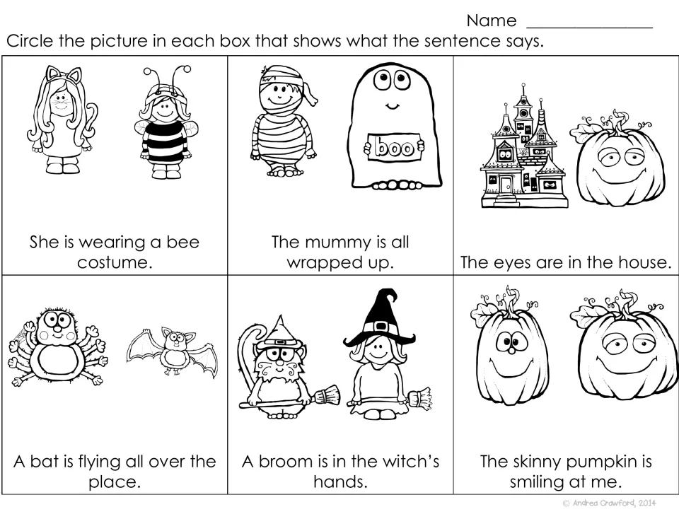 Sentence-picture match: students read six sentences, like 'The mummy is all wrapped up', and circle its picture
