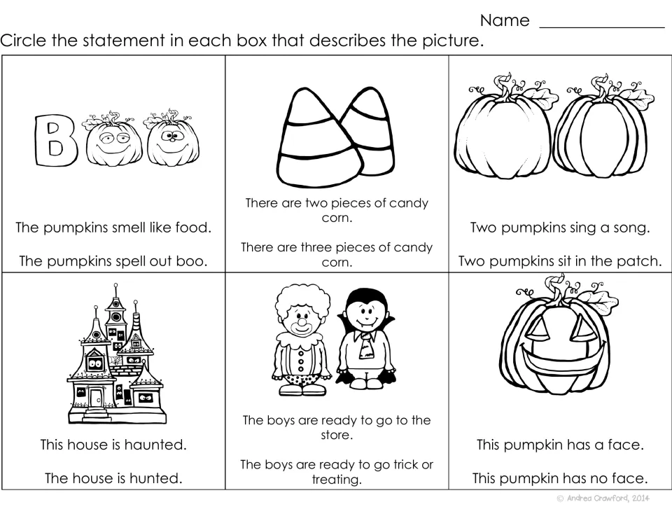 Reading carefully: students circle the true statement for each picture, such as 'This house is haunted' vs. 'hunted'