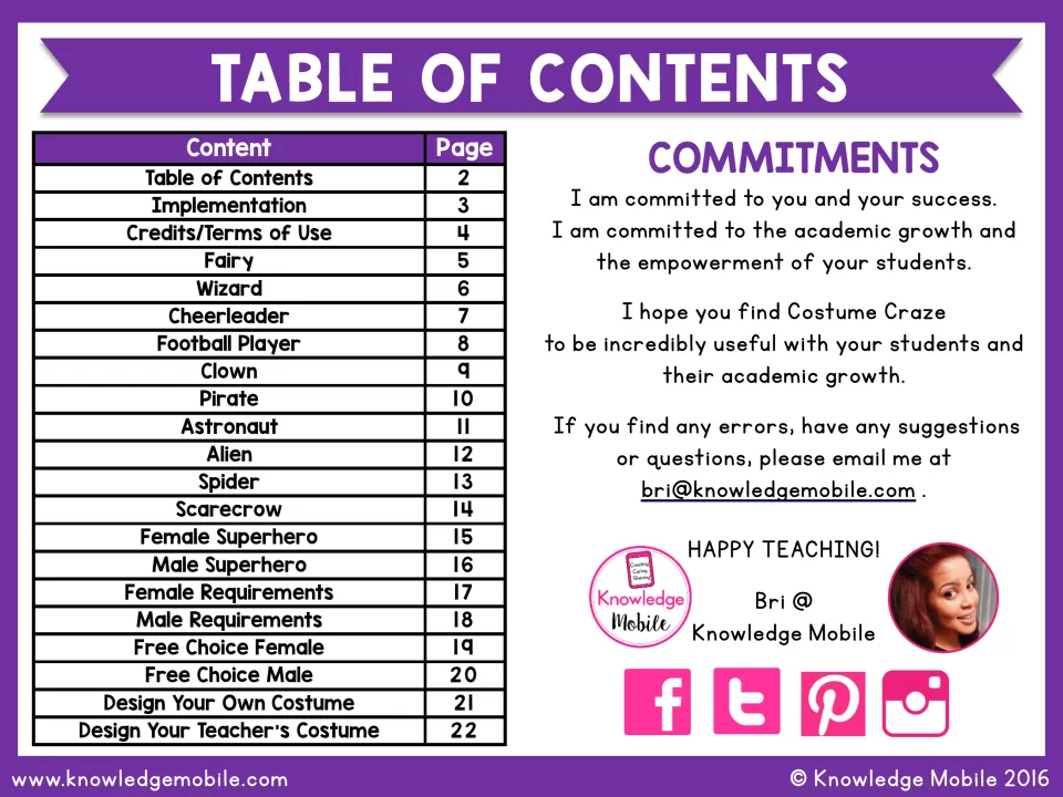 Table of contents lists 18 costume design options, from fairy and wizard to designing your teacher's costume