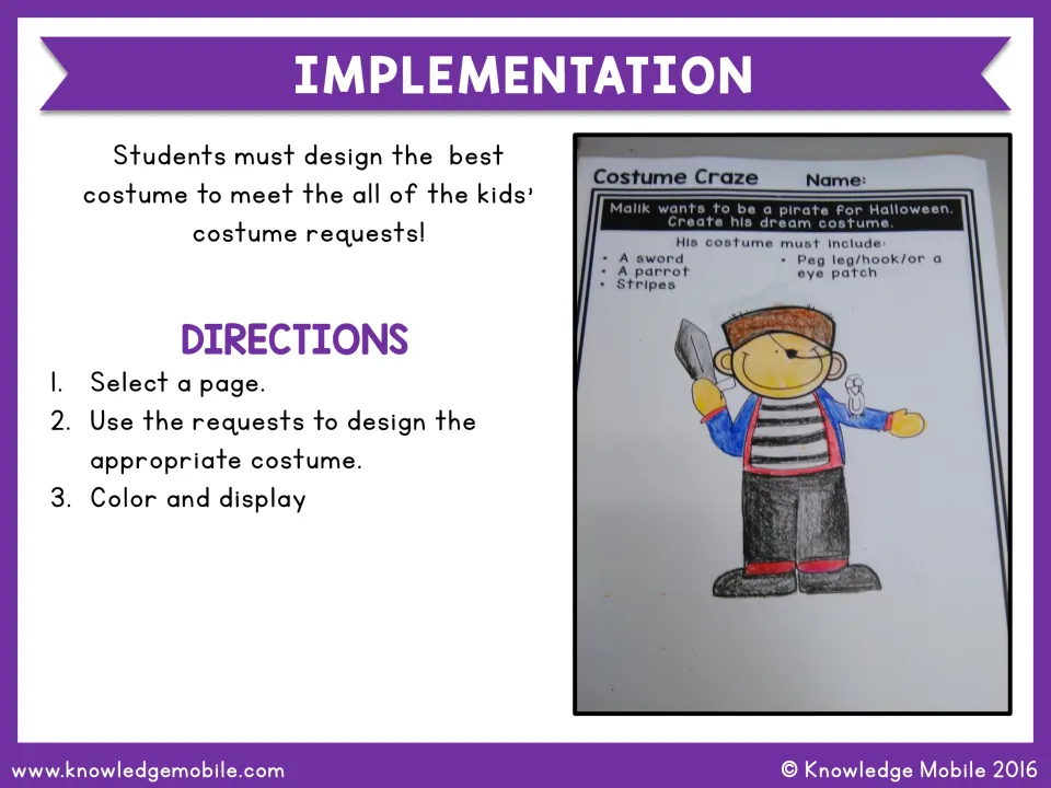 Implementation directions: select a page, design a costume using the requests, then color and display it