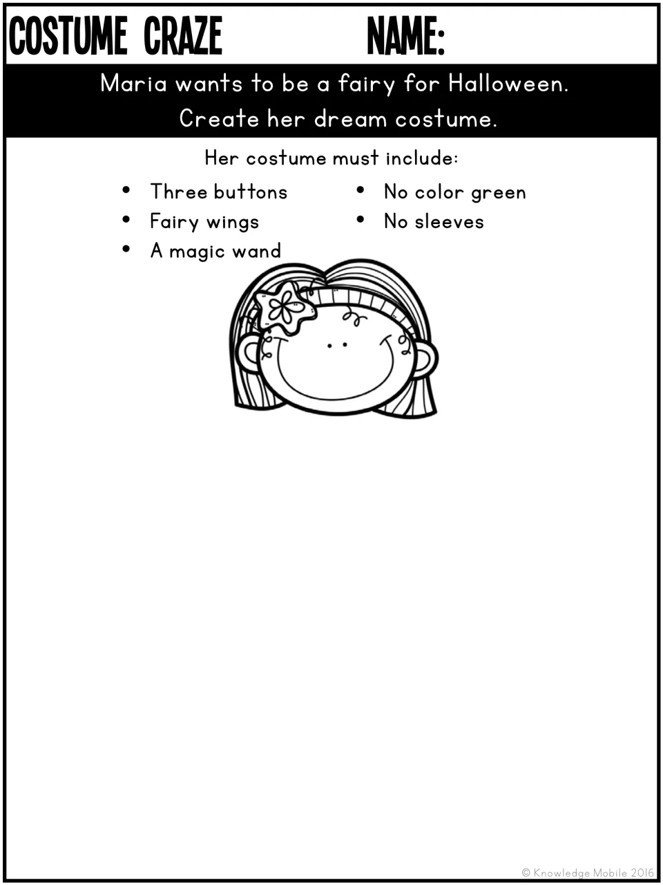 Fairy costume design for Maria requires three buttons, fairy wings, a magic wand, no green, and no sleeves