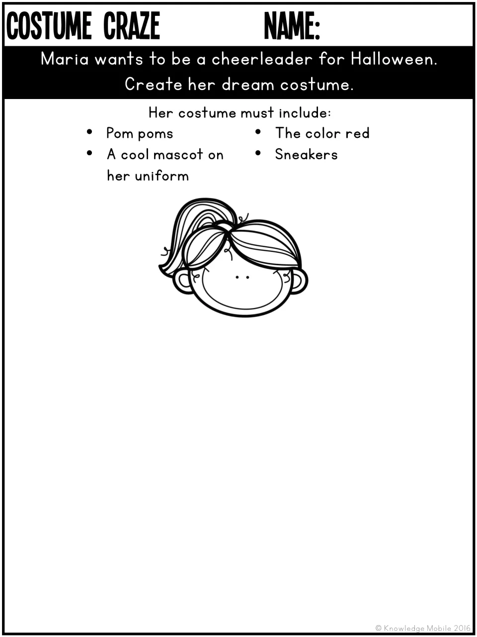 Cheerleader costume design for Maria requires pom poms, a mascot on her uniform, the color red, and sneakers