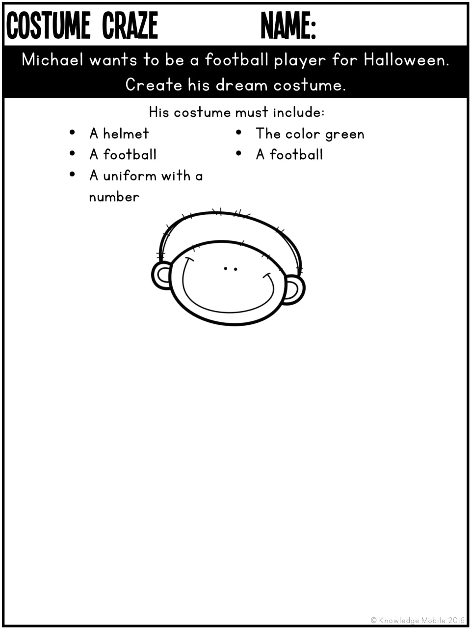 Football player costume design for Michael requires a helmet, a football, a numbered uniform, and green