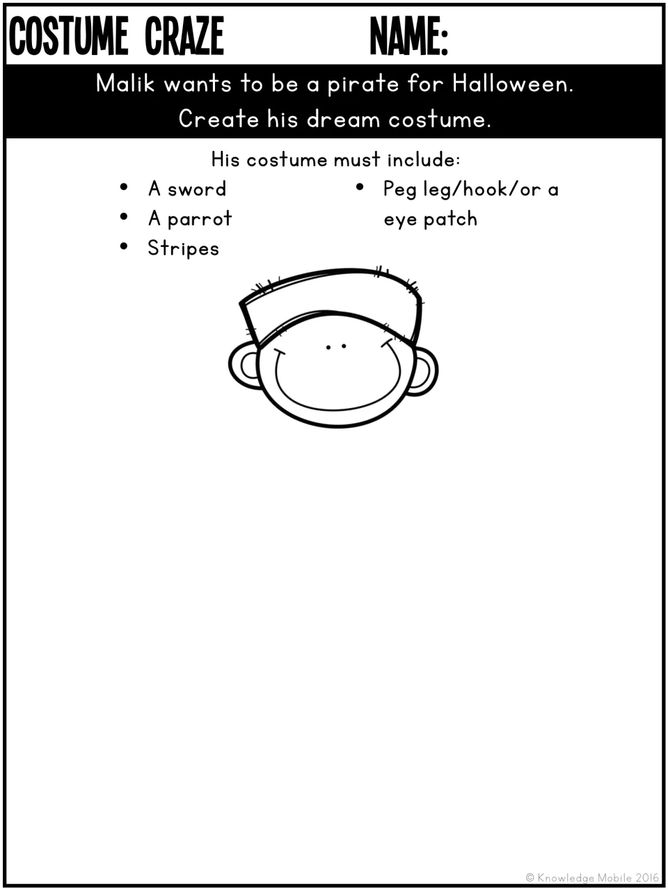 Pirate costume design for Malik requires a sword, a parrot, stripes, and a peg leg, hook, or eye patch
