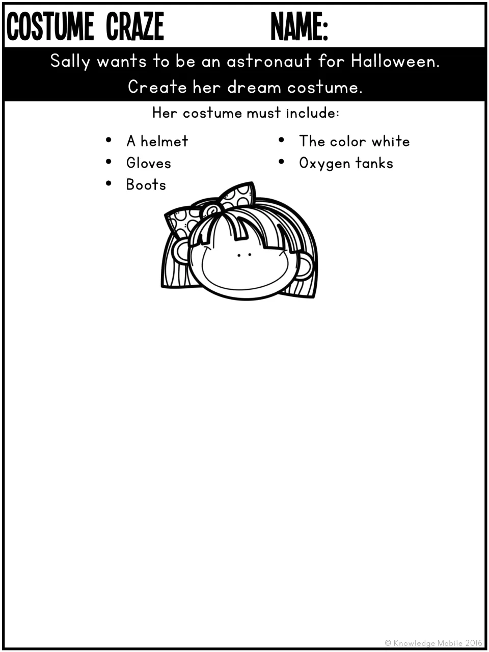 Astronaut costume design for Sally requires a helmet, gloves, boots, the color white, and oxygen tanks