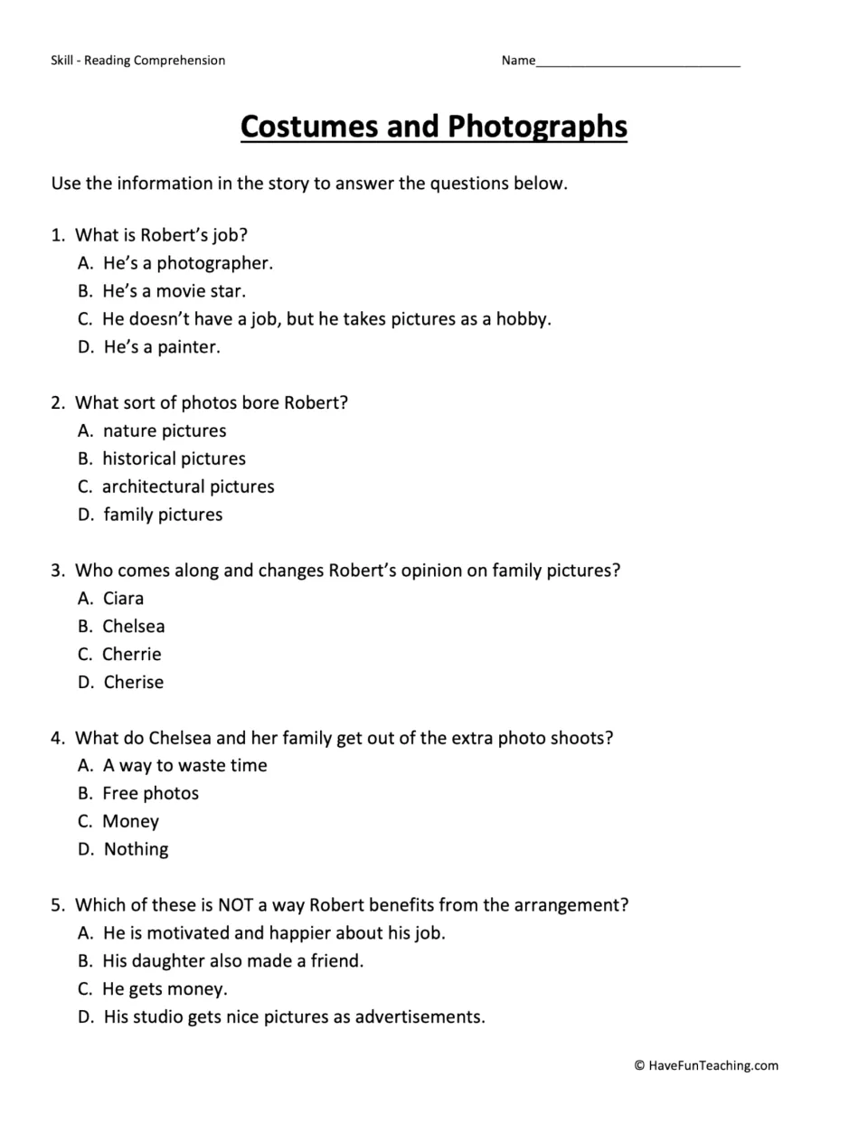Five multiple-choice questions about Robert's job, family photos, Chelsea, and their photo shoot arrangement.