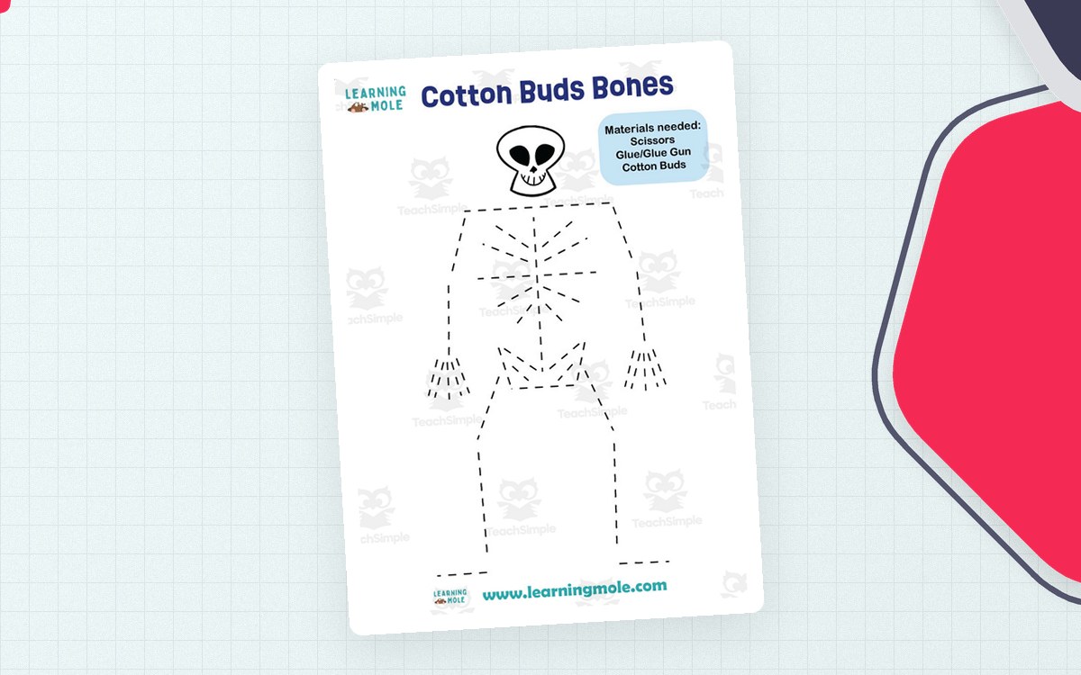 Cotton Buds Bones first image with a skull and dotted skeleton guide for placing cotton swabs