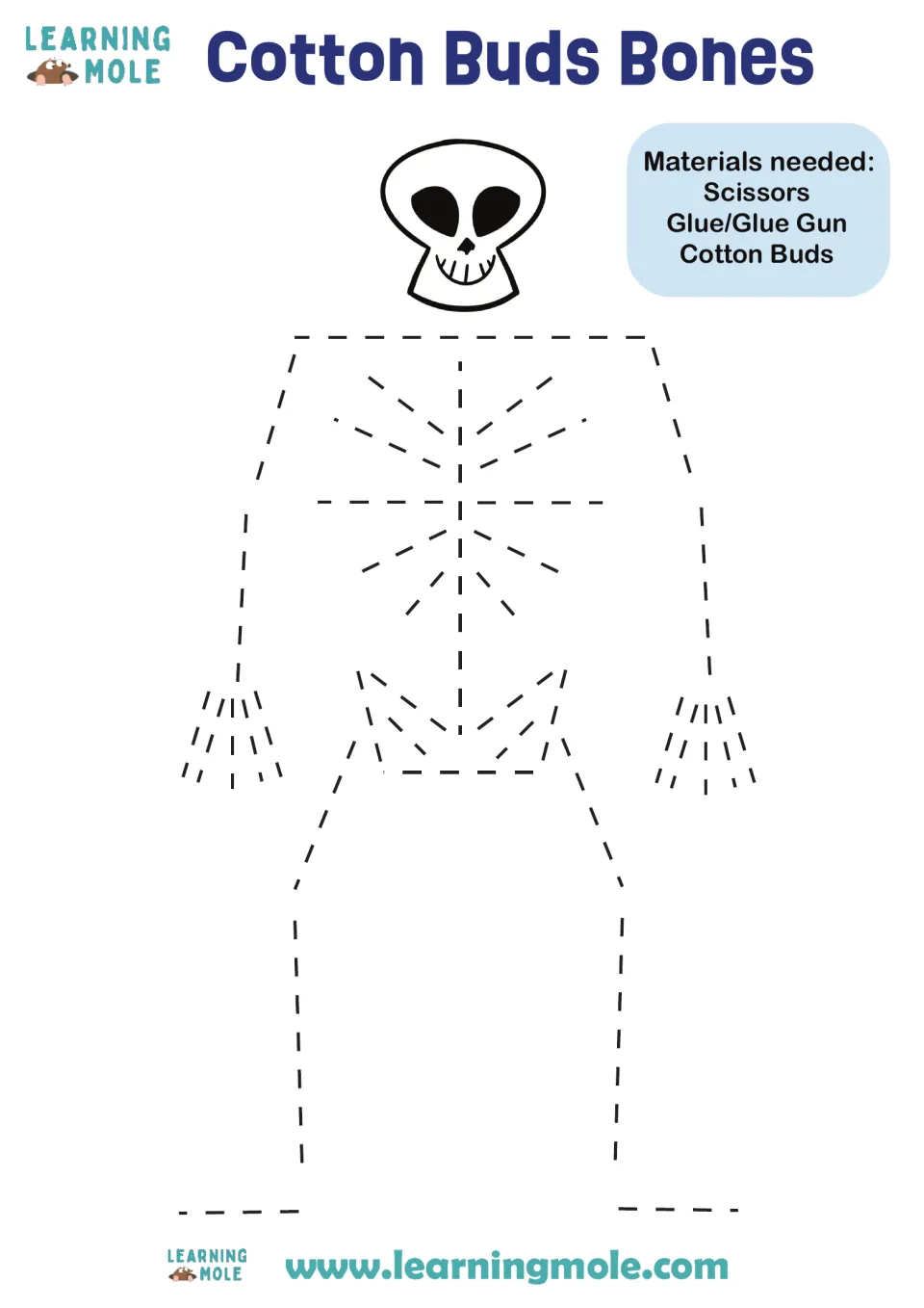 Skeleton model: students glue cut cotton buds on the dotted bones below a printed skull; materials are scissors and glue