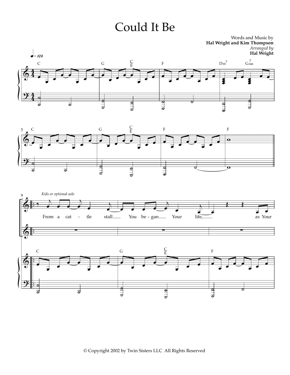 Could It Be, opening page: piano intro in C at 124 bpm, then kids or solo sing the first verse From a cattle stall