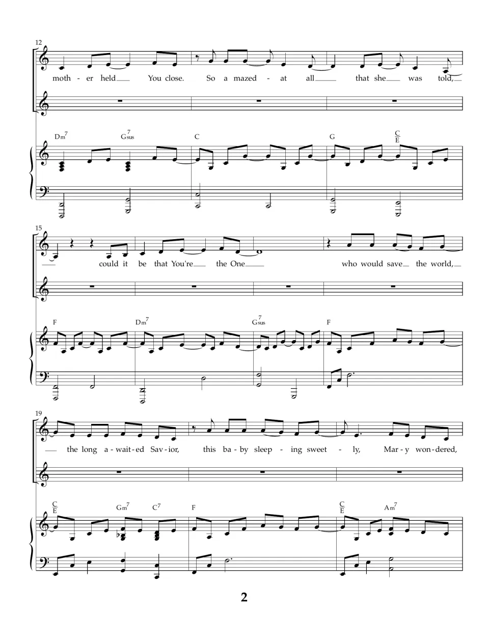 Verse continues over piano chords: lyrics mother held You close, the One who would save the world, Mary wondered