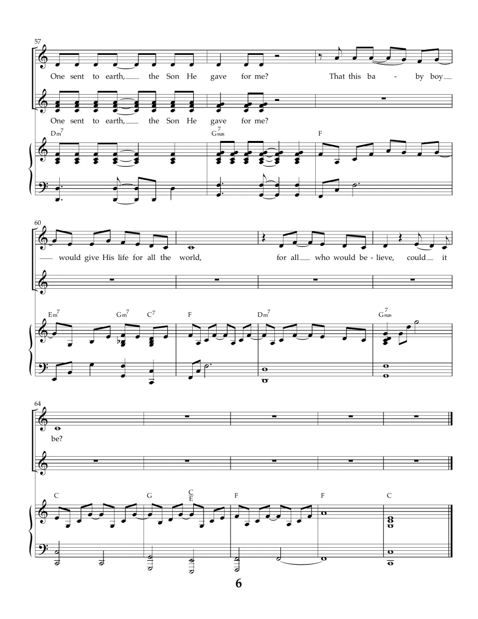 Final page: last chorus lines One sent to earth and would give His life for all the world, then piano outro on C
