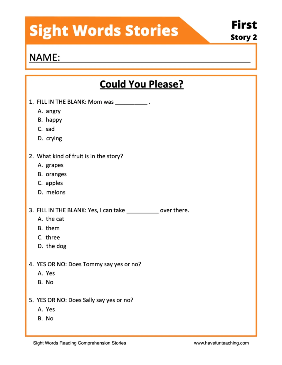 Comprehension quiz: students answer 5 multiple-choice, fill-in-the-blank and yes-or-no questions about Mom, Sally and Tommy