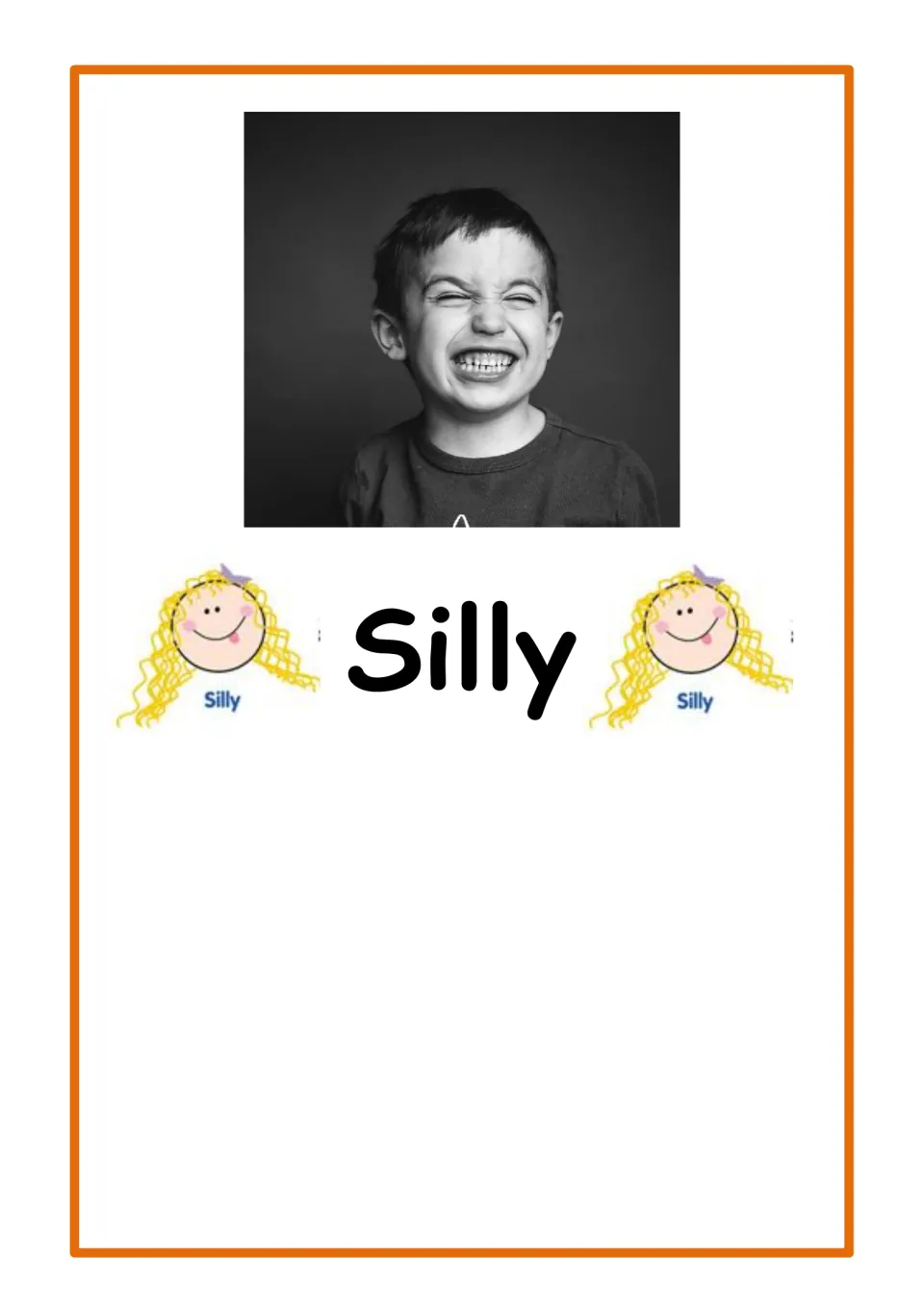 Feeling word Silly: black-and-white photo of a boy scrunching his face in a big grin, beside cartoon girls labeled Silly
