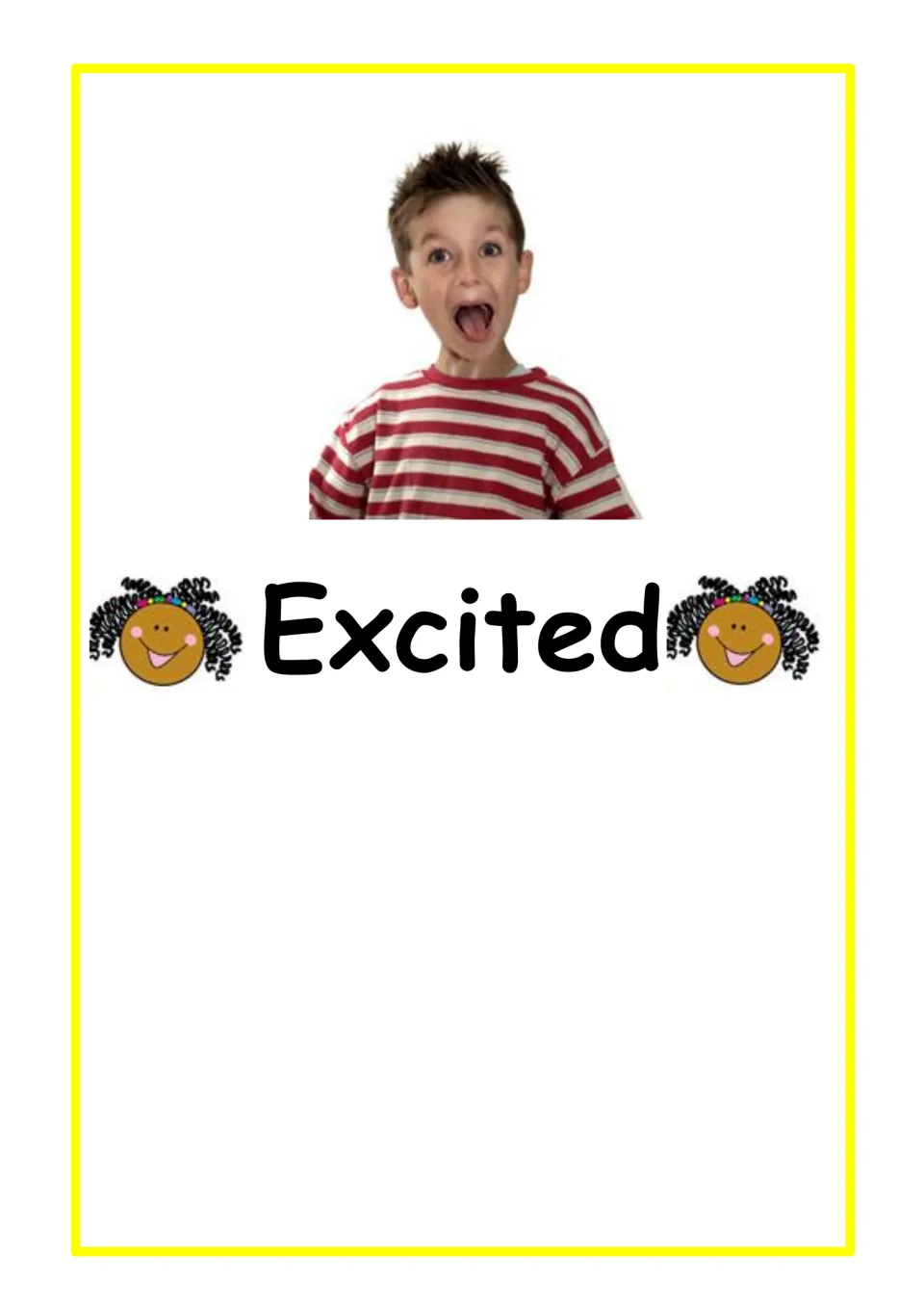 Feeling word Excited: photo of a boy in a striped shirt shouting with his mouth wide open, with grinning cartoon faces