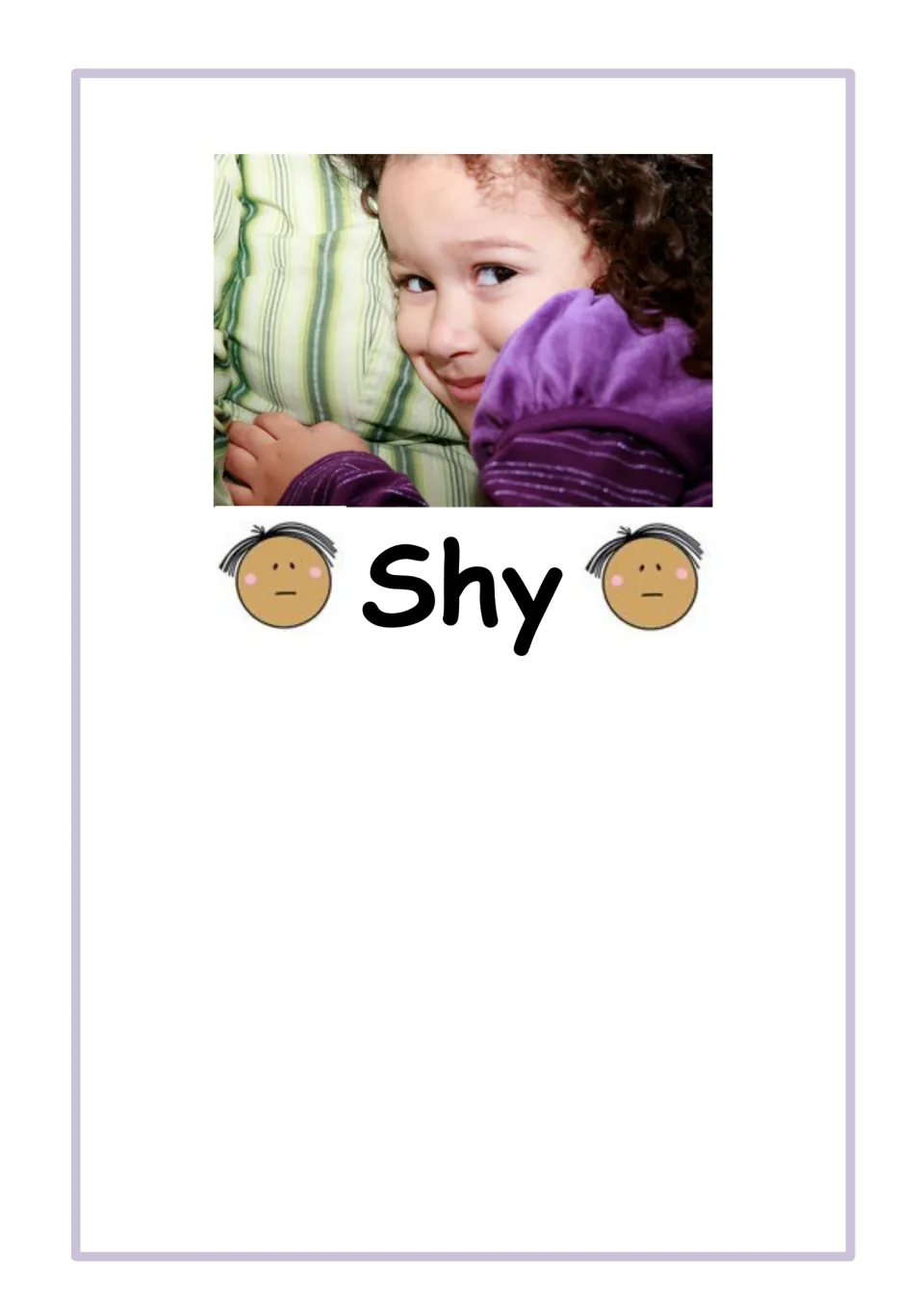 Feeling word Shy: photo of a curly-haired child peeking out from behind a striped pillow, with uneasy cartoon faces