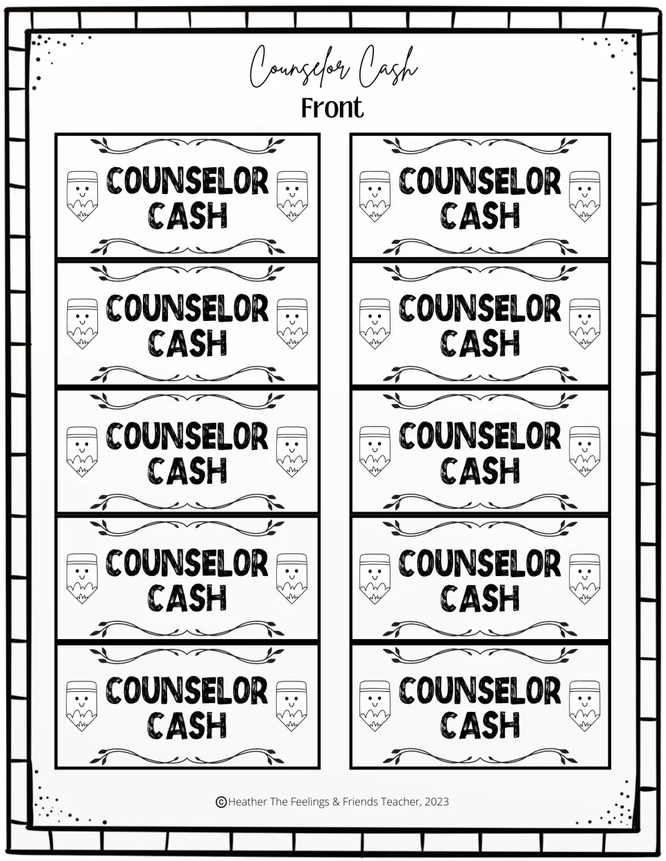 Ten reward token fronts, each labeled Counselor Cash, for the positive behavior reward system