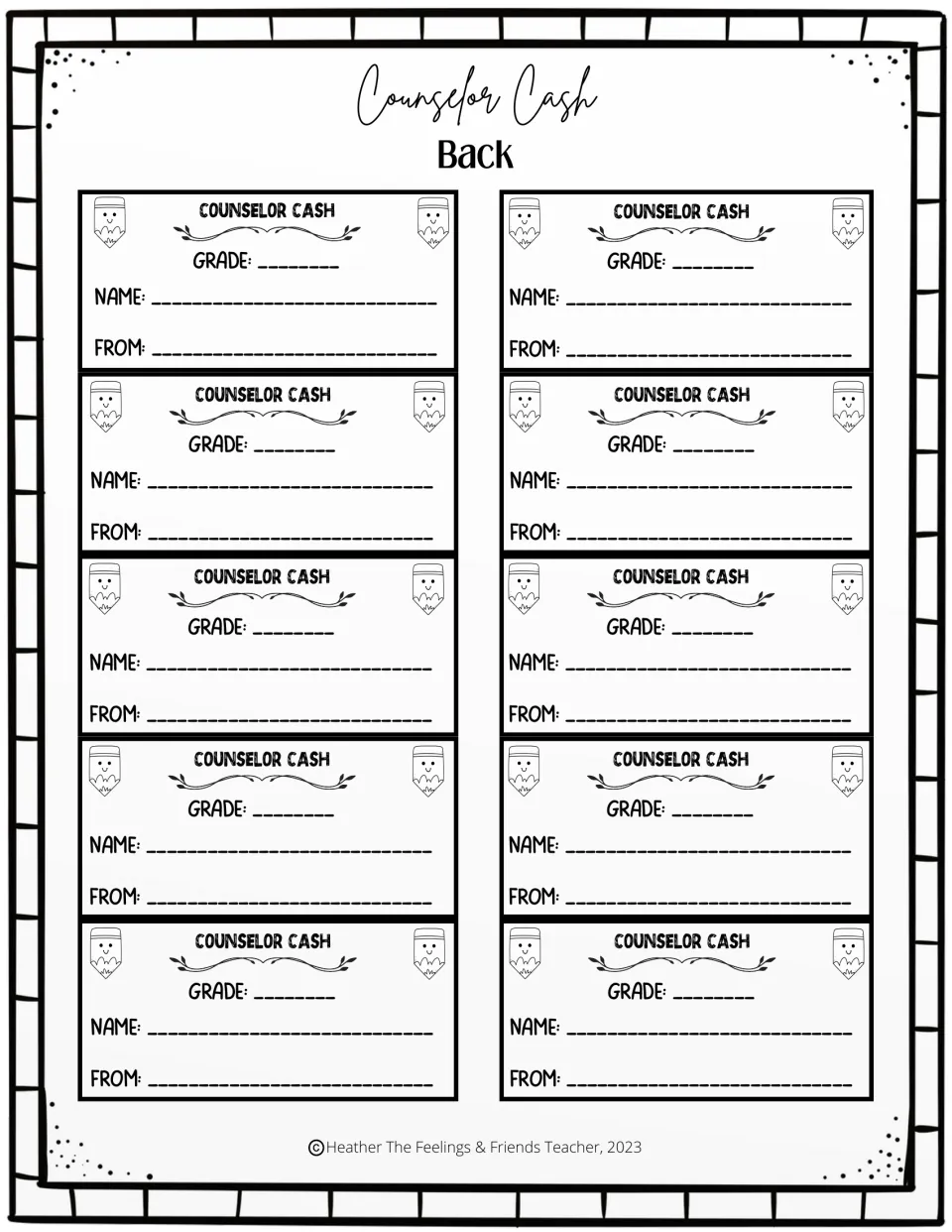 Ten Counselor Cash token backs, each requesting the student's grade, name, and who the token is from